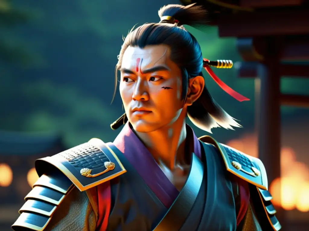 Detallada imagen de un samurái en un entorno cinematográfico, fusionando avances tecnológicos con la influencia del cine en videojuegos samurái