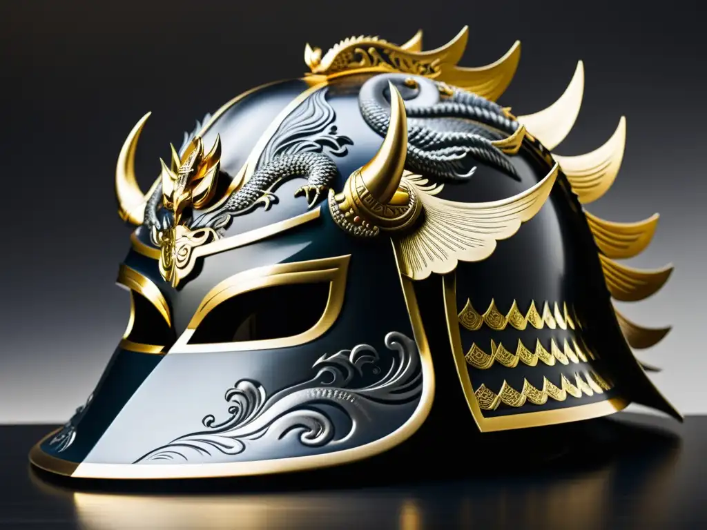 Kabuto samurái: detallada obra maestra de metal Detallada imagen de un kabuto samurái con intrincados dragones y nubes, reflejando la artística armadura samurái ideal