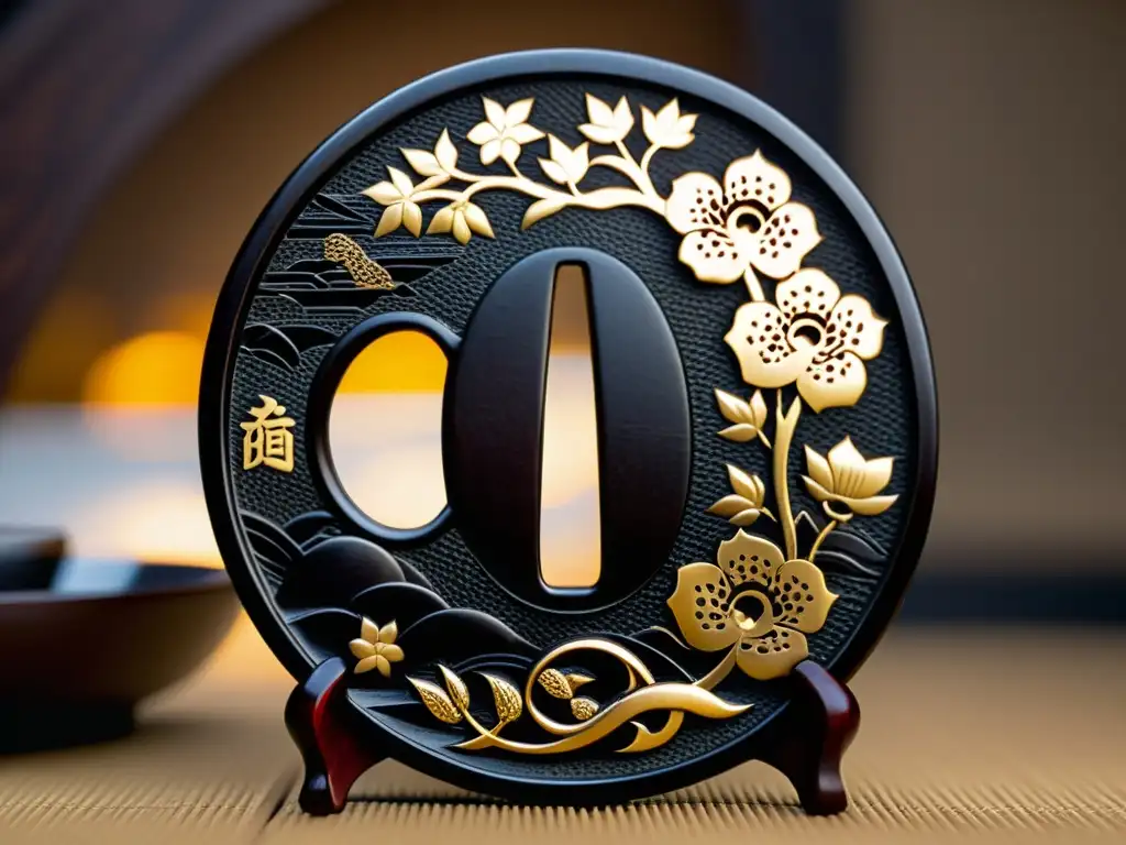 Tsuba japonés: detalle y artesanía Detallada imagen de un tsuba japonés tradicional, con intrincados diseños y símbolos, destacando su significado cultural en la historia samurái