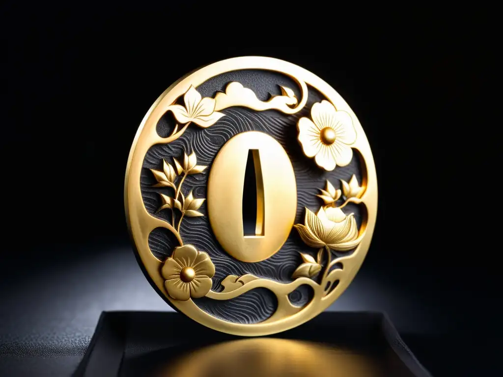 Tsuba japonés: detallada artesanía y simbolismo Detallada imagen de un tsuba japonés, muestra elaborados grabados y motivos tradicionales como flores de cerezo y dragones