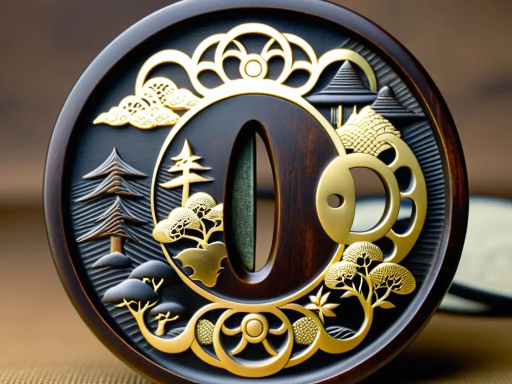 Tsuba Samurai: Arte y Tradición en Detalle Detallada imagen de un Tsuba japonés, con grabados de la naturaleza, samuráis y símbolos tradicionales
