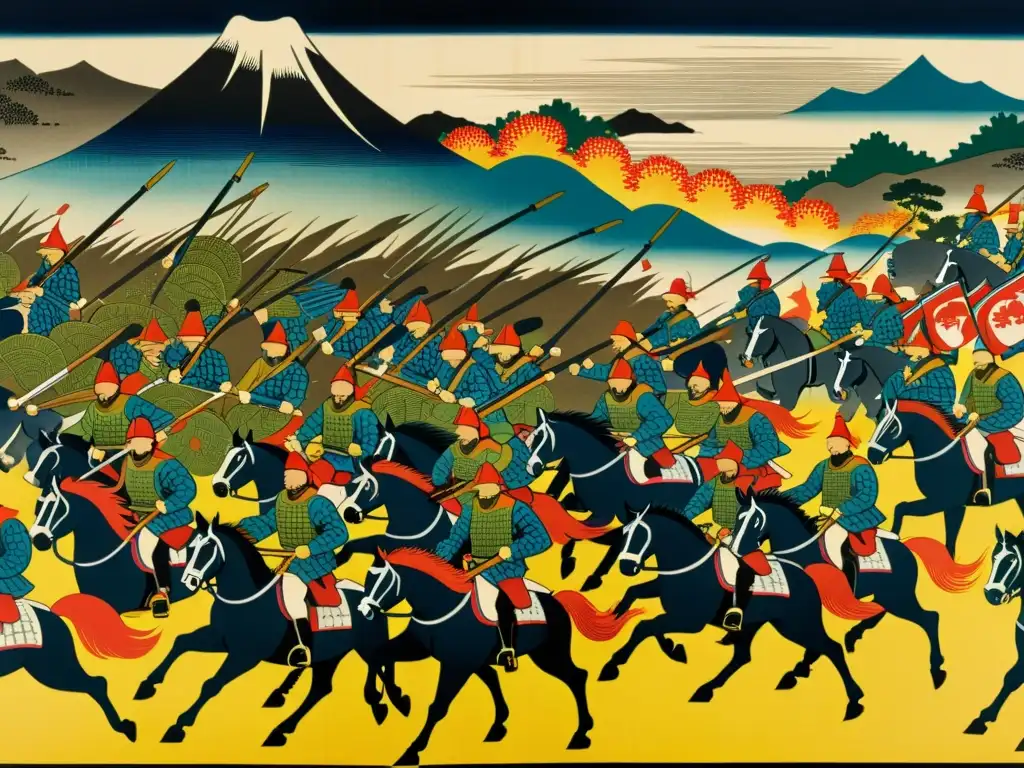 Detallada impresión japonesa de madera del Tokugawa Ieyasu liderando la Batalla de Sekigahara, estrategias unificación Japón