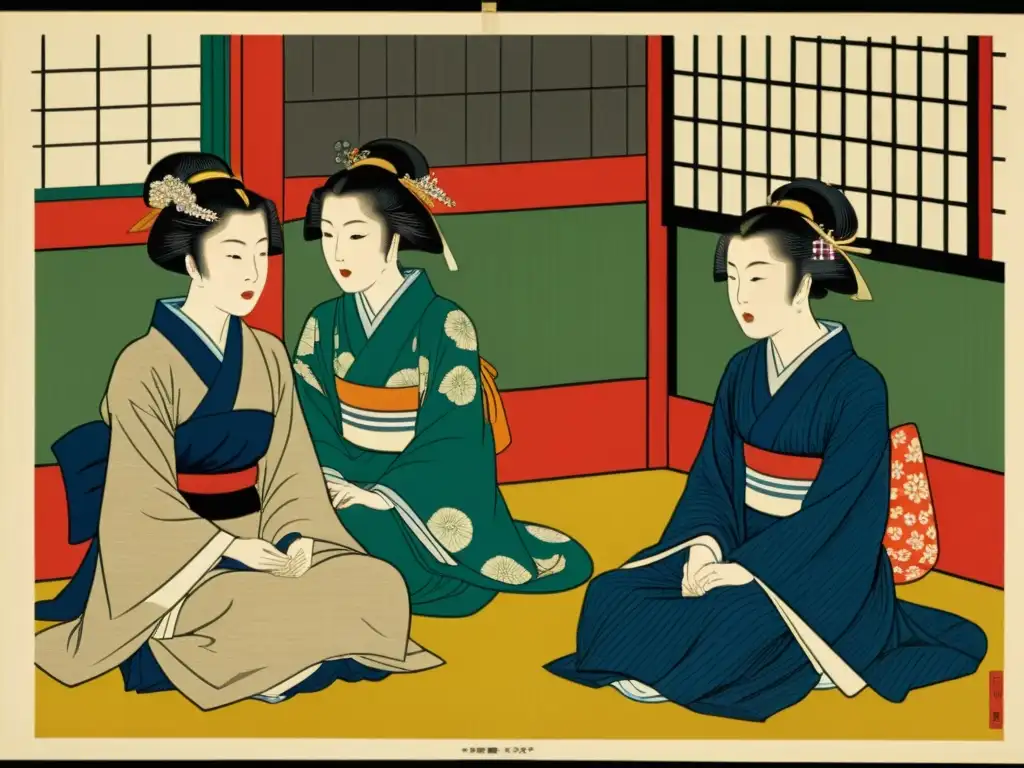 Detallada impresión japonesa en madera del Shogunato, mostrando mujeres en actividades políticas y administrativas