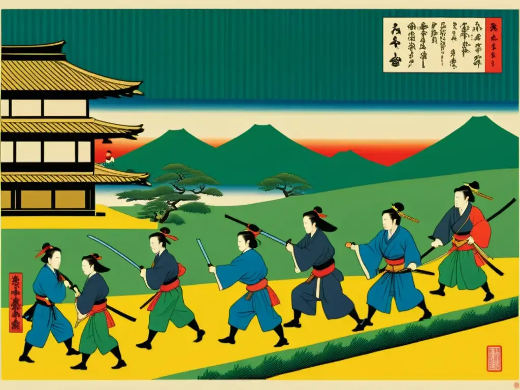 Detallada impresión japonesa ukiyoe de samuráis y campesinos en actividades diarias, reflejando dinámicas sociales del Japón feudal