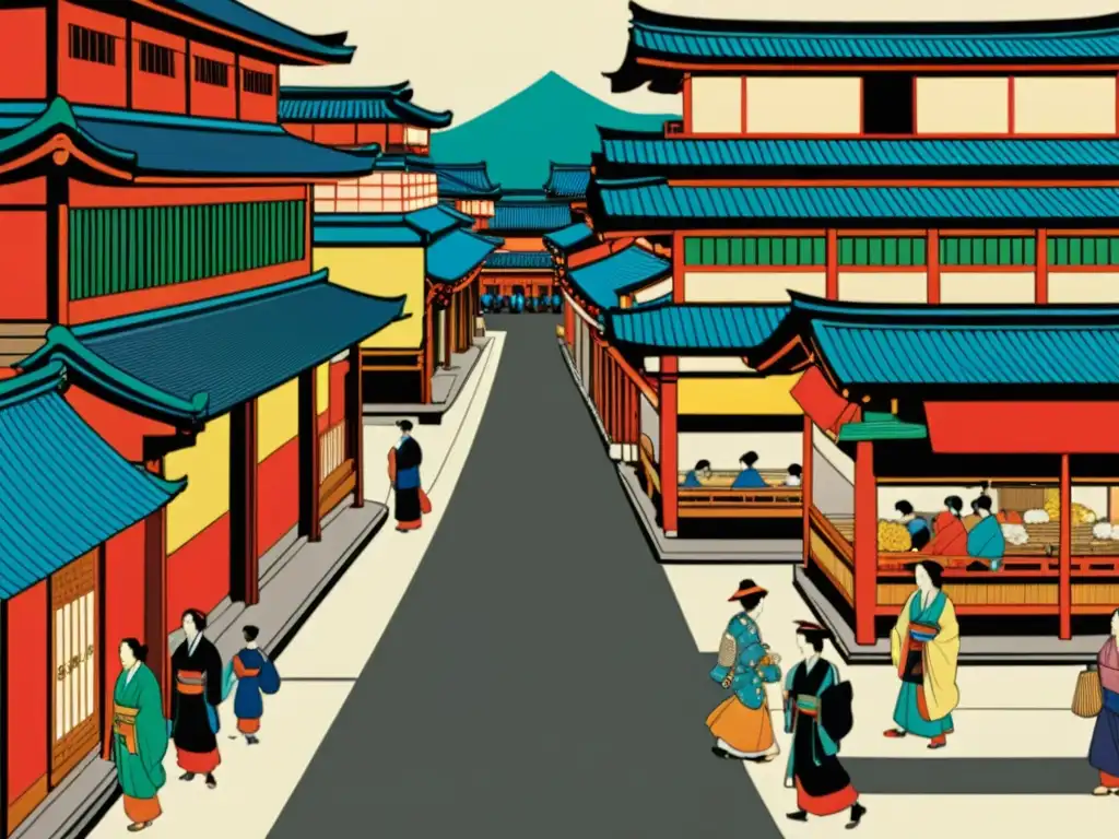 Detallada impresión Ukiyoe del bullicioso Japón del período Edo, impacto cultural fin shogunato ukiyoe