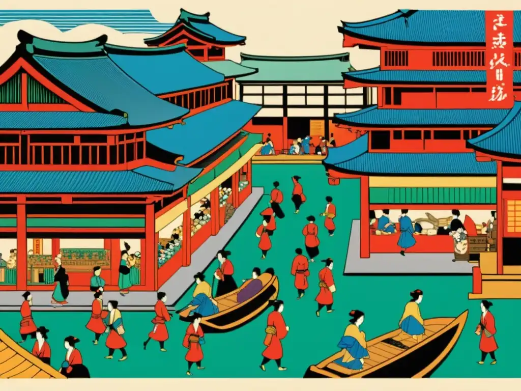 Detallada impresión ukiyo-e del shogunato Edo, muestra impacto cultural en vibrante mercado japonés