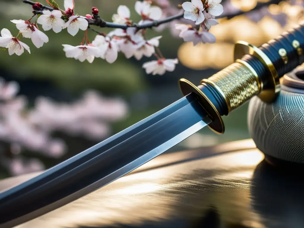 Detallada katana japonesa con hoja reflejando la suave luz de los cerezos, mostrando la belleza del haiku en cultura samurái