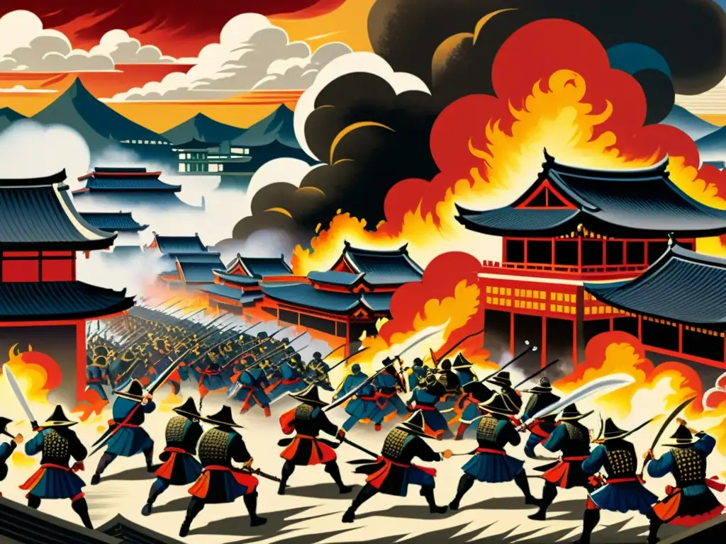 Detallada pintura de la intensa batalla durante la Rebelión de Shimabara Tokugawa, con samuráis en combate entre edificios en llamas y humo