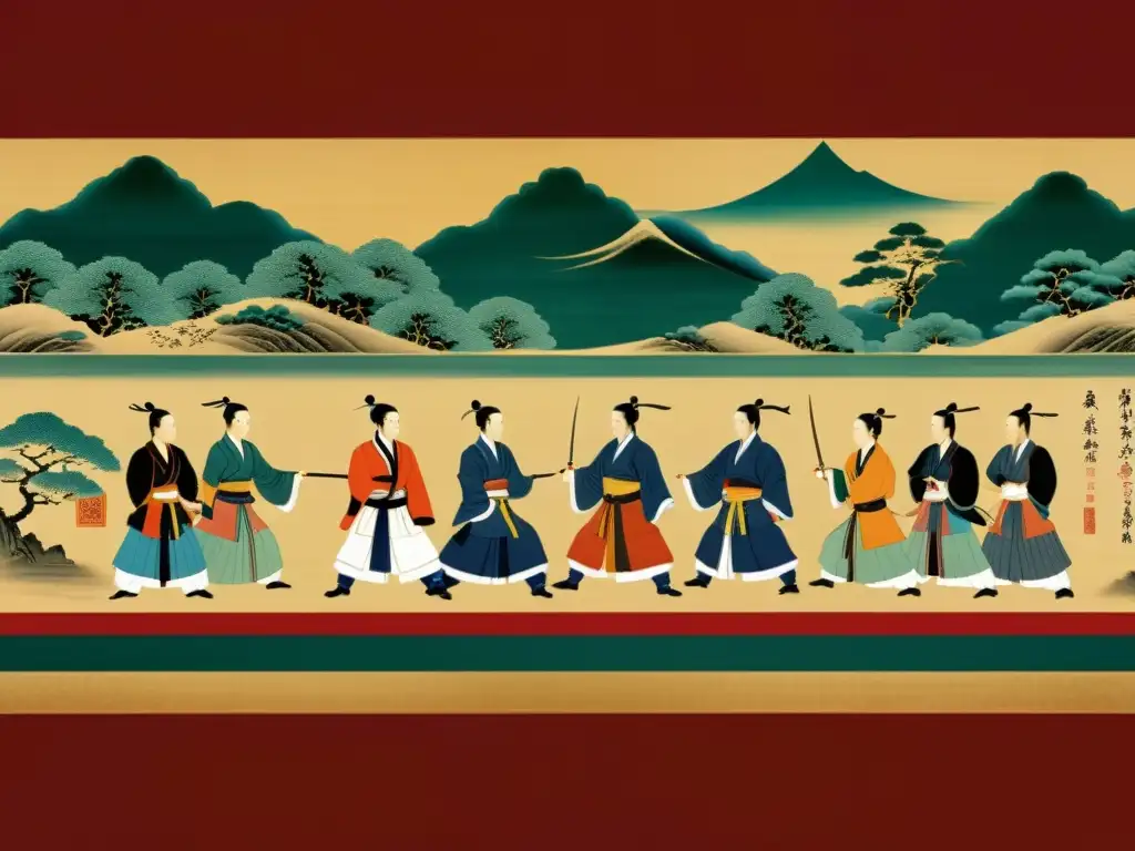 Intercambio cultural entre samuráis y la dinastía Tang Detallada pintura de pergamino que muestra el intercambio cultural entre samuráis y la Dinastía Tang: artes marciales, ceremonias de té, caligrafía y rutas comerciales, en vibrantes colores y meticuloso trazo, reflejando la rica transferencia de sabidur