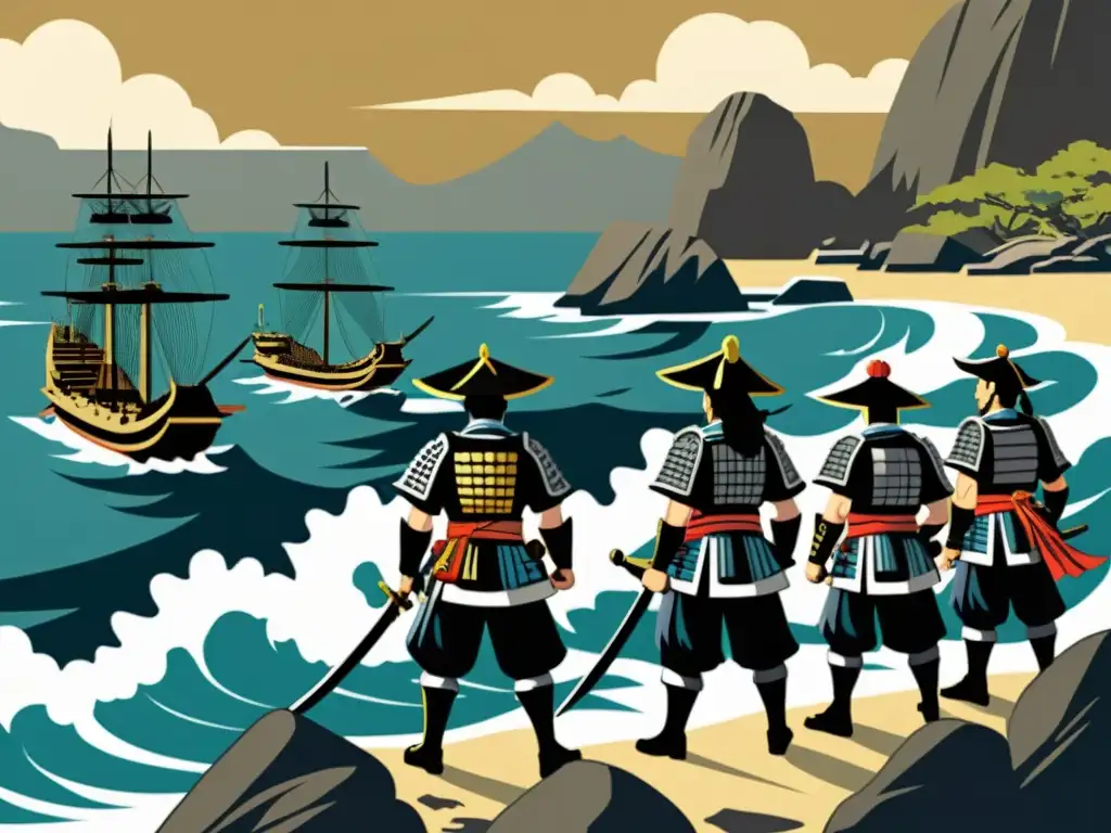 Ilustración detallada de piratas Wokou en armaduras samurái, luchando en la costa rocosa