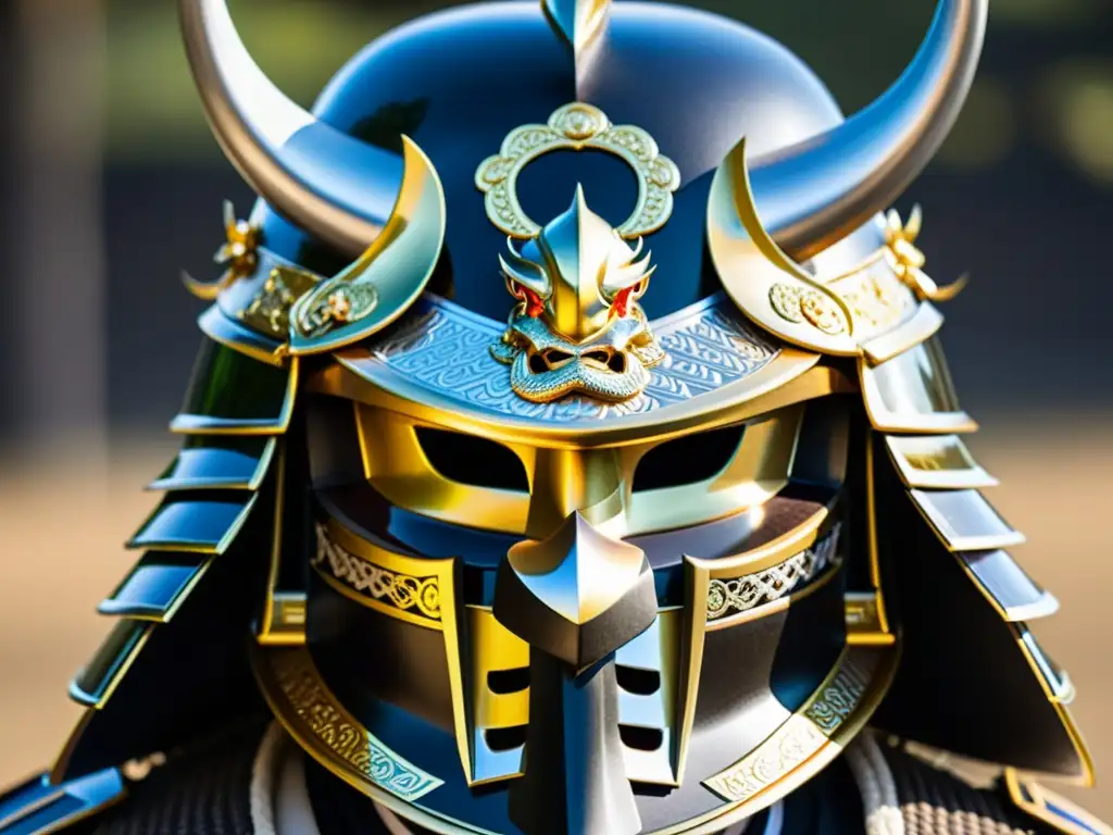 Detallada fotografía de un kabuto samurái con influencia extranjera, destacando el intrincado diseño en oro y plata y los motivos de dragón