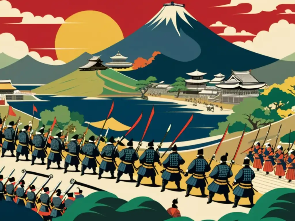 Ilustración detallada de la Rebelión de Shimabara Tokugawa con paisaje dramático y samuráis en batalla