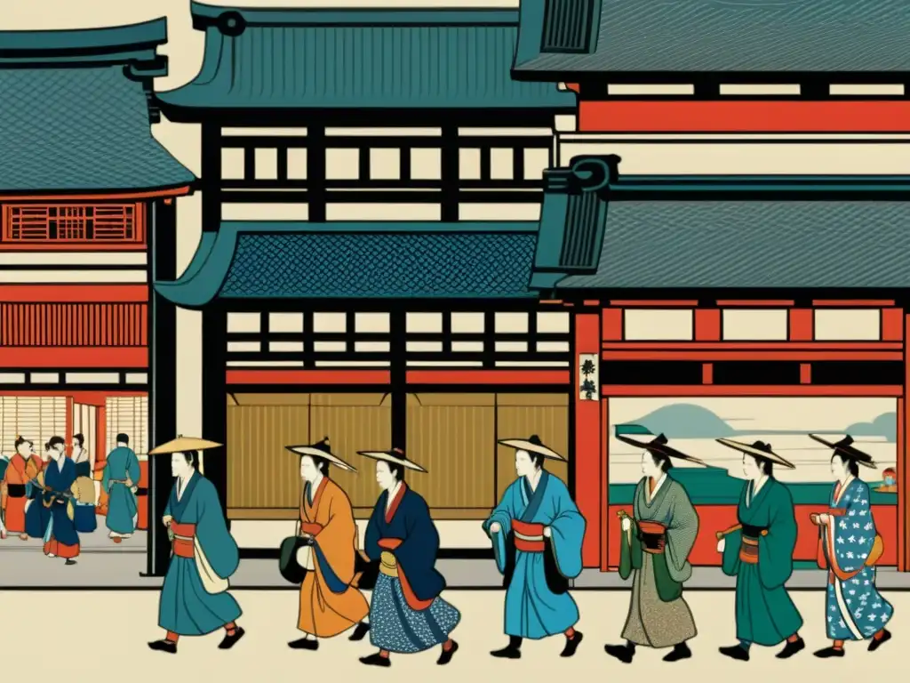 Detallada xilografía japonesa de Edo durante la Decadencia del Shogunato Tokugawa, con samuráis y comerciantes