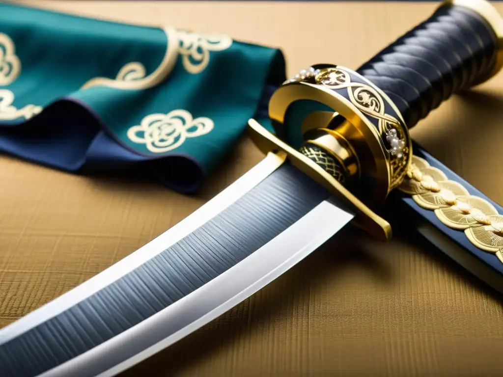 Detallado wakizashi antiguo de acero pulido con hada, adornado con seda ito y tsuba grabada, en fondo de madera envejecida, evolución del Wakizashi