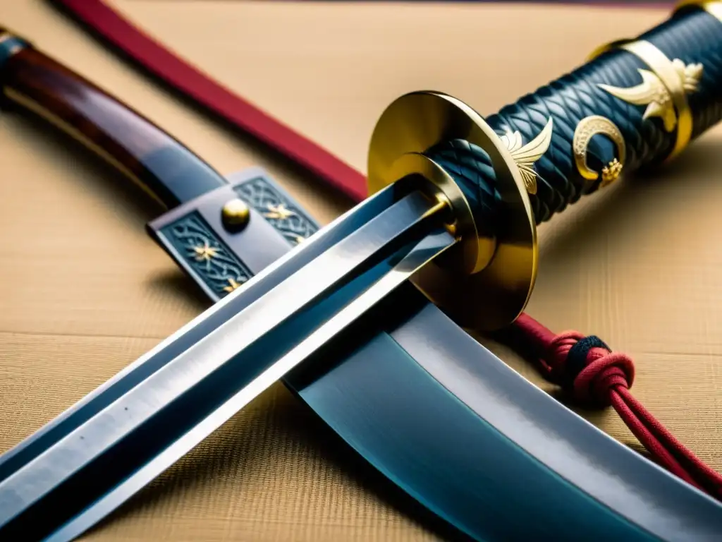 Detallado wakizashi antiguo con patina de edad y cuidado