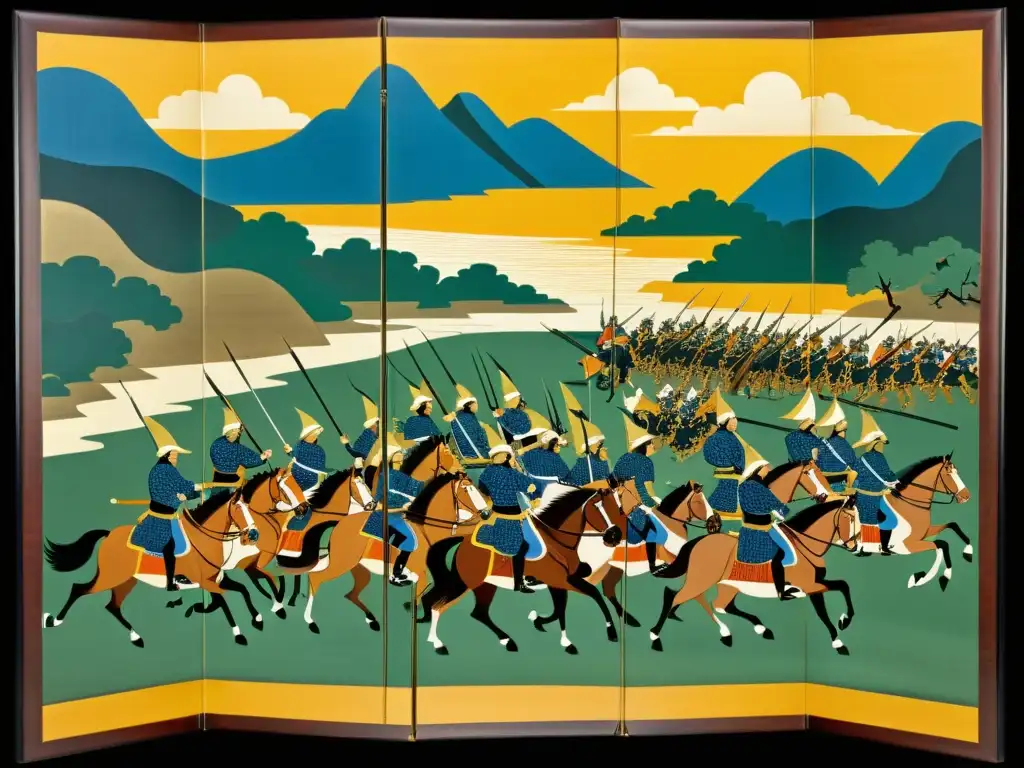 Un detallado biombo pintado a mano que representa a Toyotomi Hideyoshi liderando sus tropas en batalla, con intrincada armadura y armamento, en un paisaje japonés