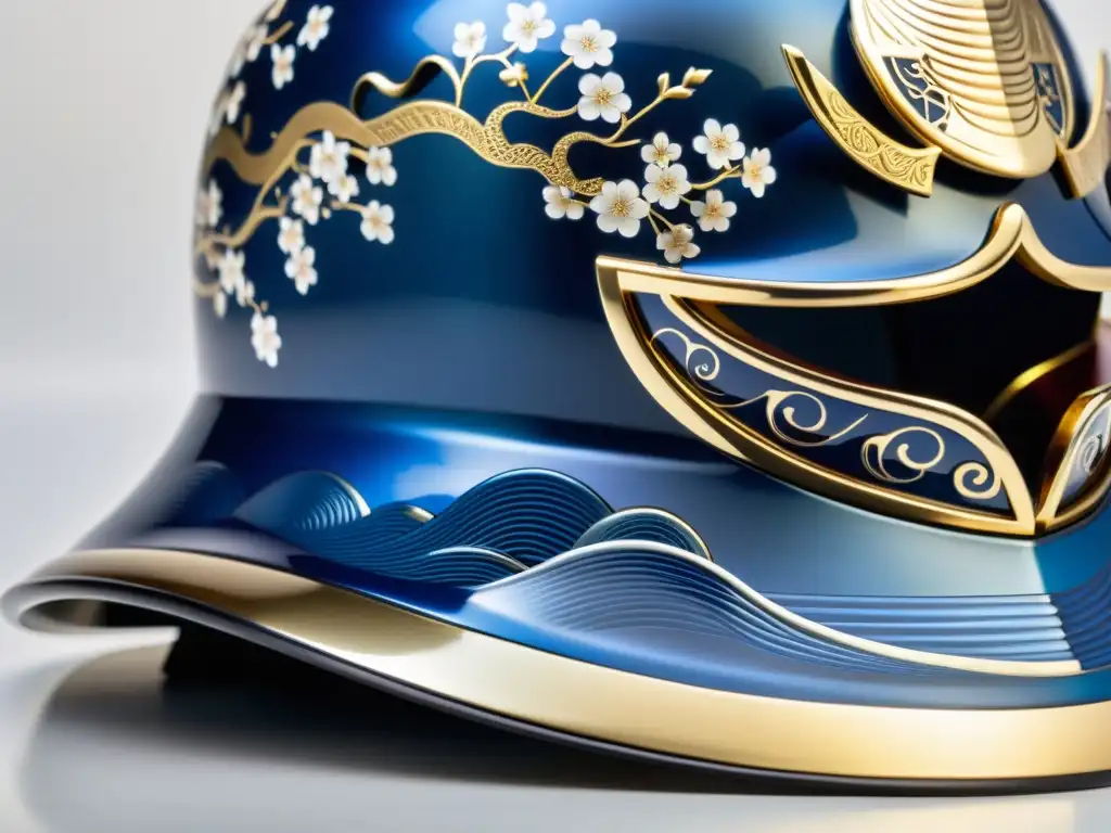 El casco de samurái: artesanía impresionante en azul y oro Detallado y brillante casco samurái de materiales inusuales en equipamiento samurái, con grabados de criaturas míticas y ondas