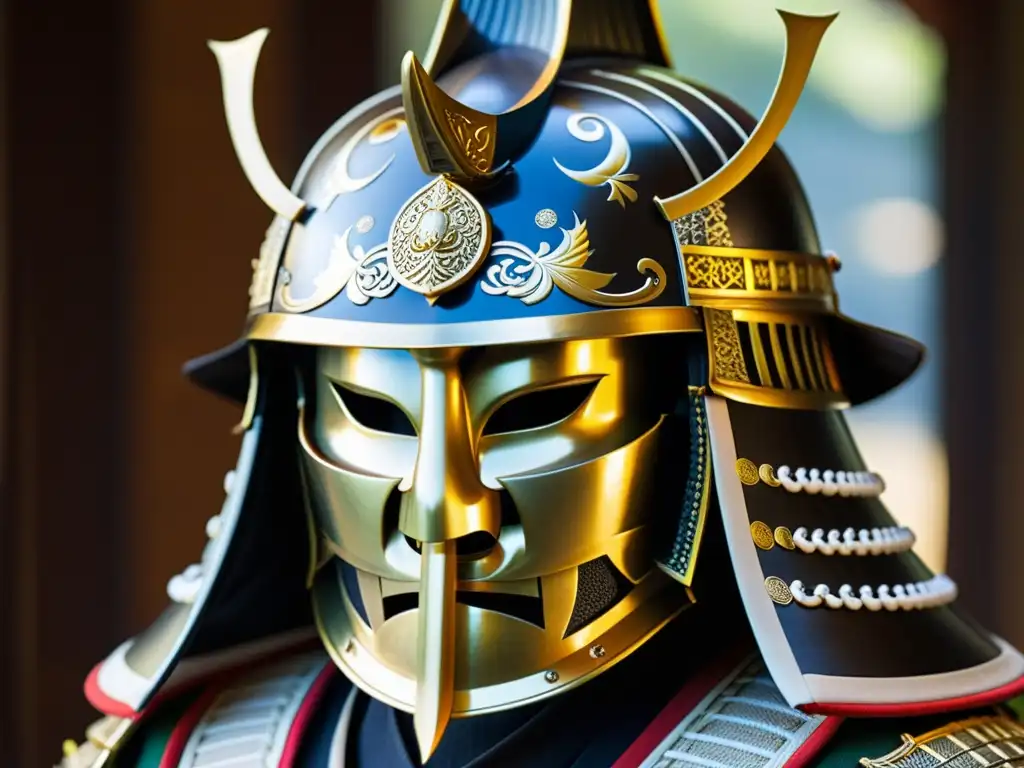 Detallado casco samurái con intrincados diseños, simbolizando el poder femenino de Tomoe Gozen y la artesanía histórica guerrera