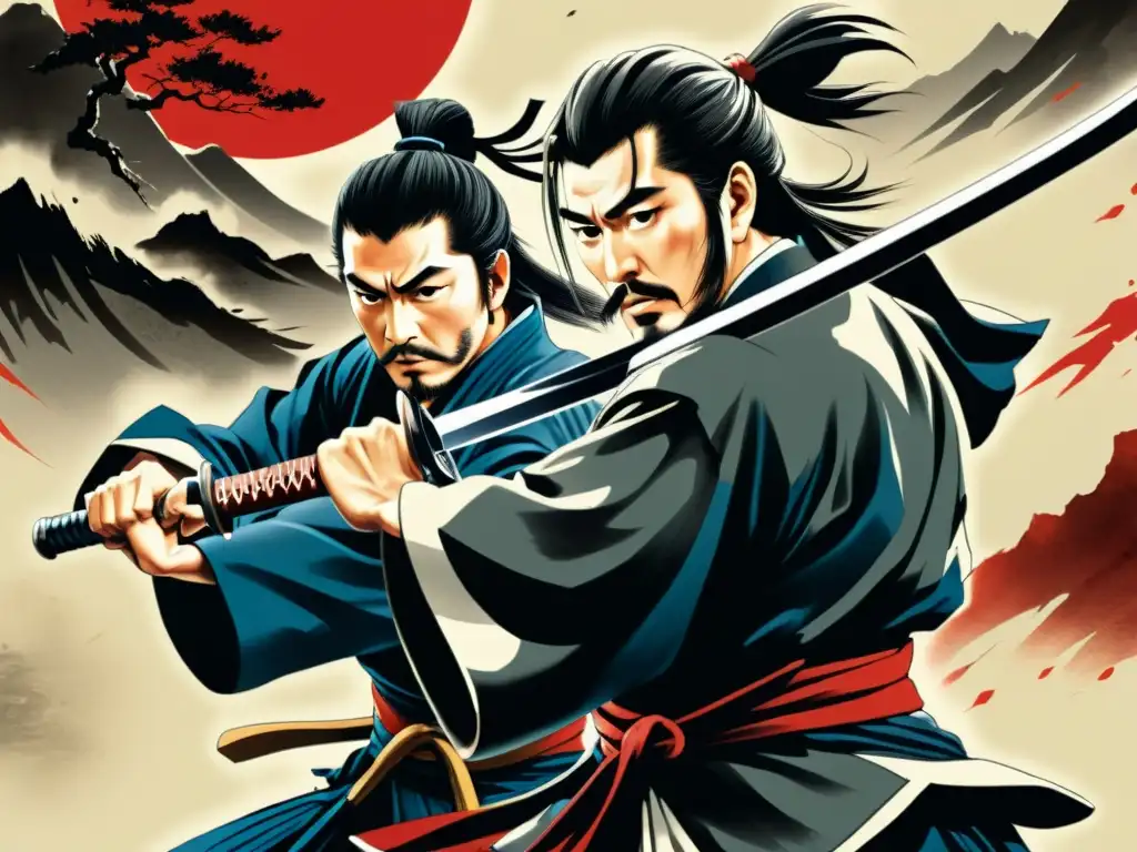 Detallado diseño estético de un épico duelo de samuráis en pintura japonesa de Miyamoto Musashi