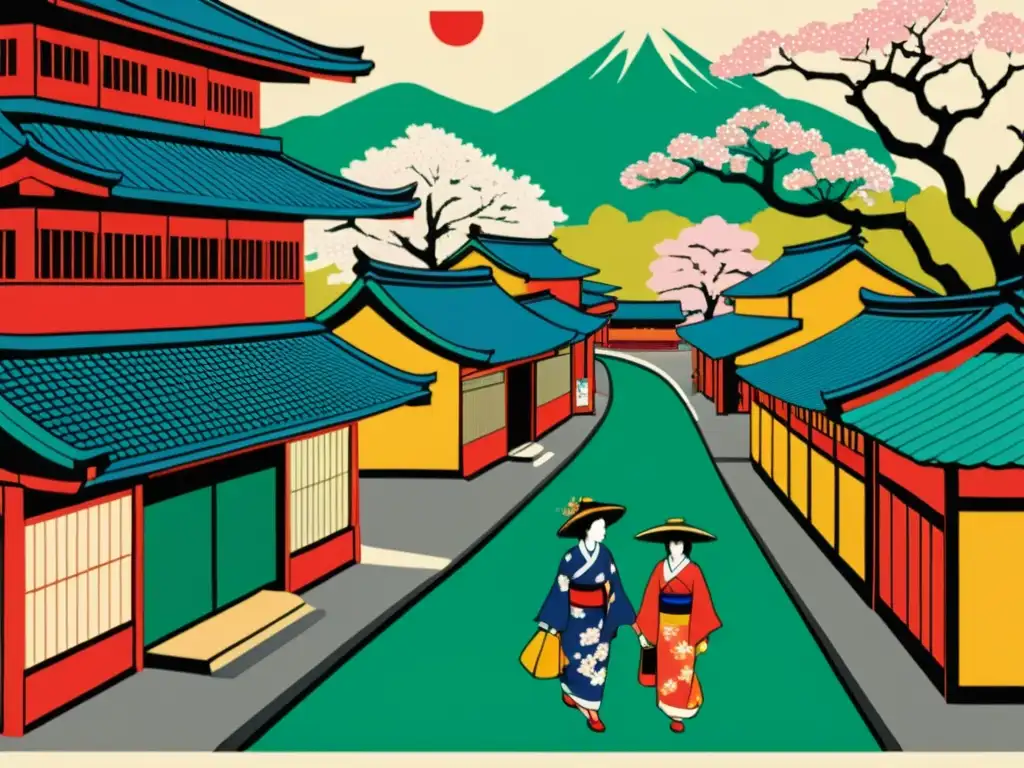 Detallado grabado en madera de una animada escena callejera japonesa, capturando el impacto cultural del fin del shogunato en el arte ukiyo-e