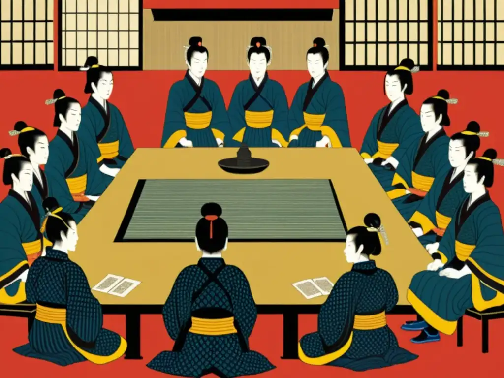 Detallado grabado en madera de Tokugawa Ieyasu liderando la unificación de Japón, muestra poder y autoridad, evocando su legado histórico