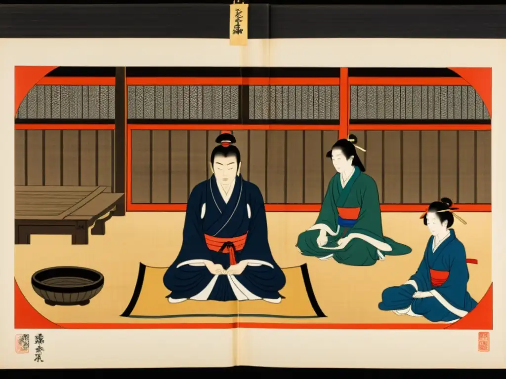 Un detallado grabado en madera muestra a un samurái practicando técnicas de recuperación, rodeado de sanadores en un escenario japonés tradicional