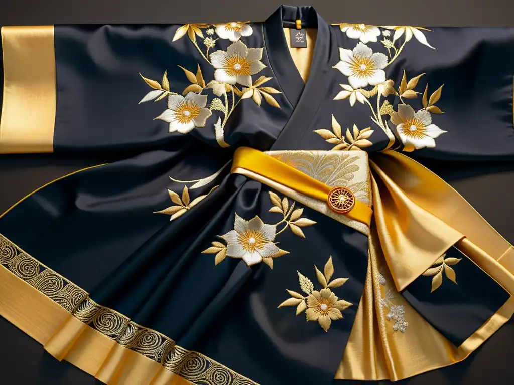 Detallado kimono japonés de seda con bordados de lujo en oro y plata, evocando la opulencia y artesanía de la era feudal samurái