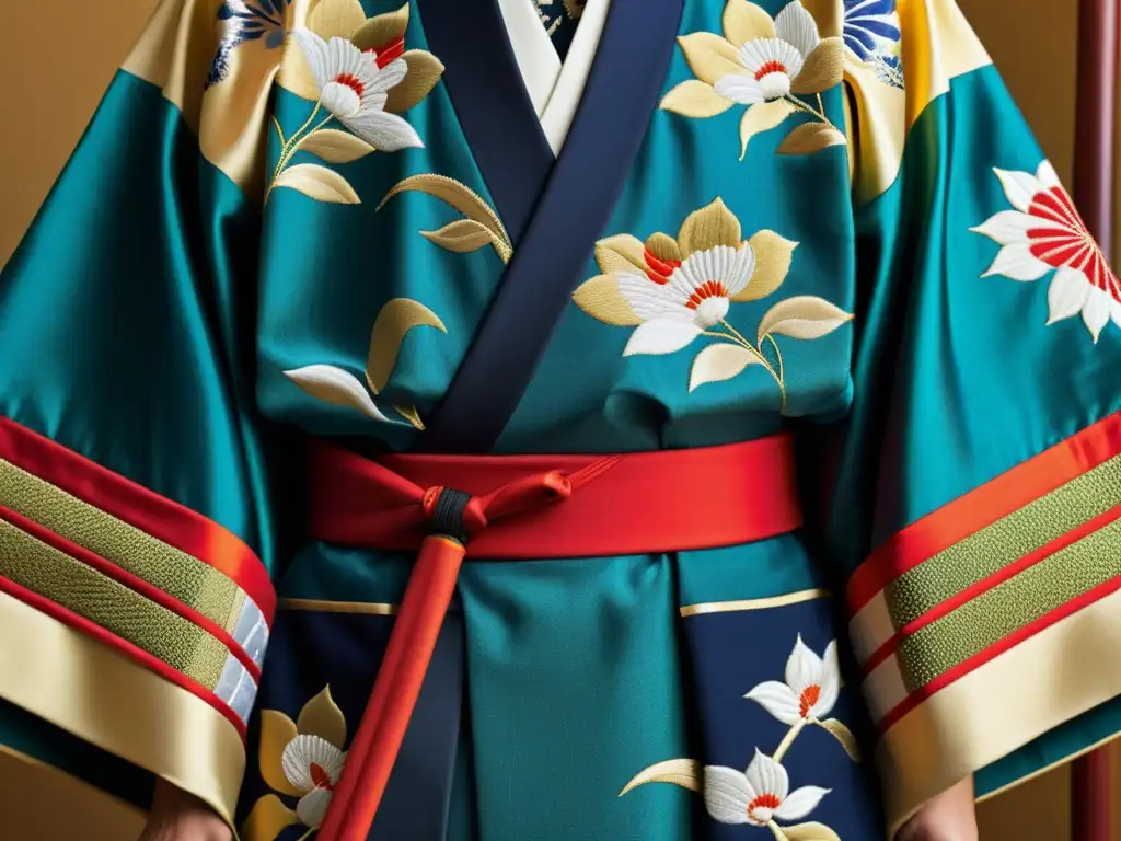 Detallado kimono samurái bordado, reflejo de la influencia samurái en etiqueta con elegancia y tradición