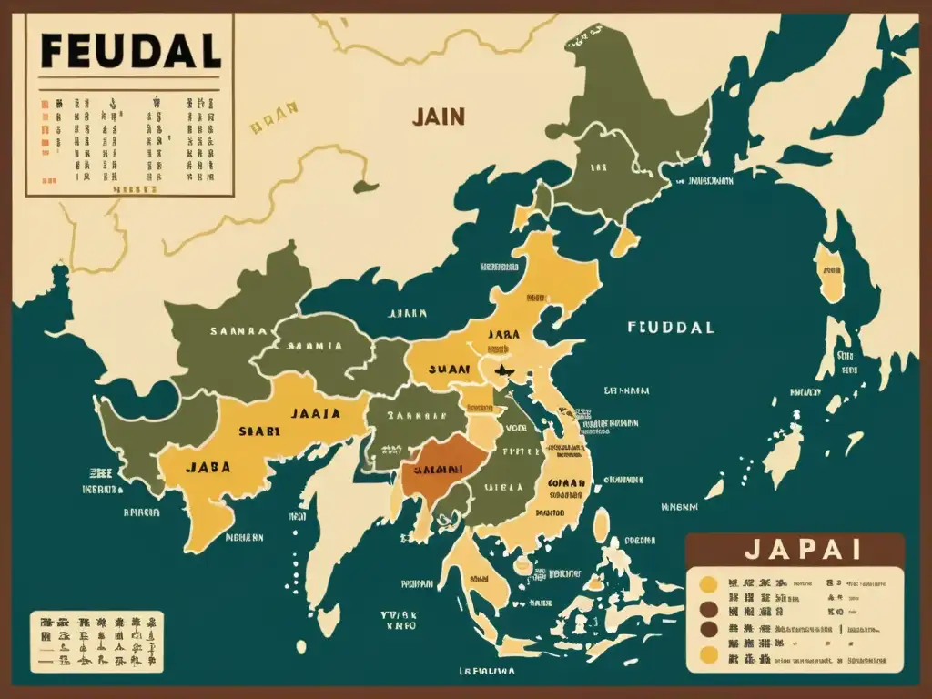 Un detallado mapa de la economía samurái en el Japón feudal, con tierras demarcadas y símbolos que representan la compleja estructura de la sociedad