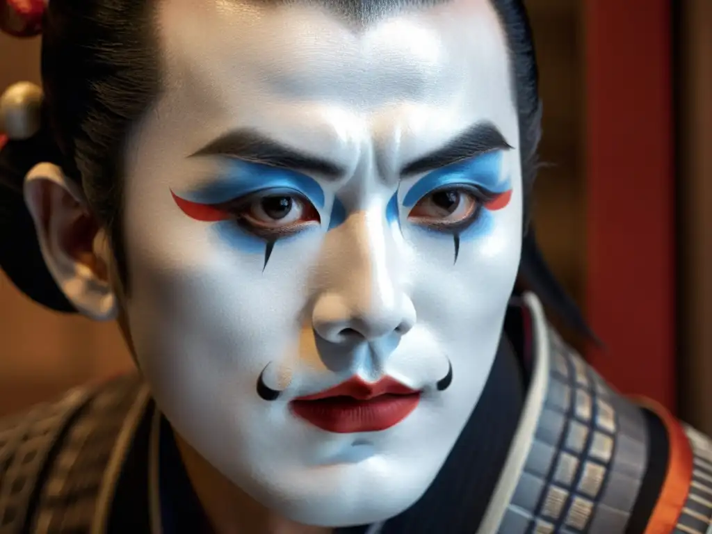 Detallado retrato de un actor de Kabuki con maquillaje blanco impecable, reflejando la intensidad y disciplina de la Filosofía Samurai Teatro Kabuki