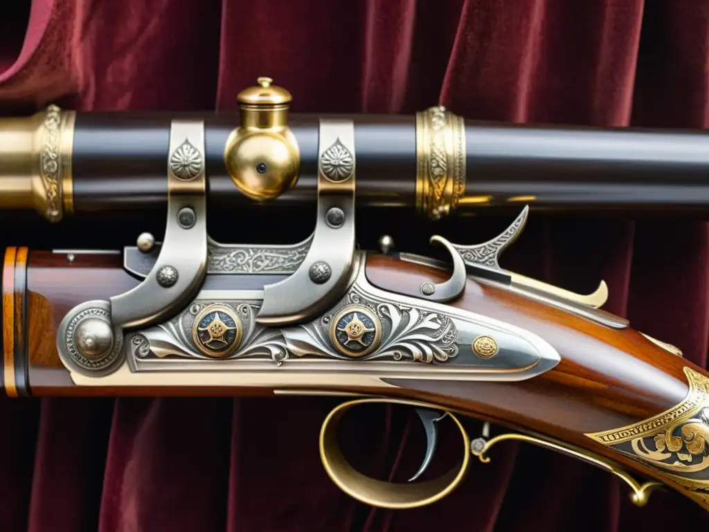 Detallado rifle Matchlock táctica samurái, con grabados intrincados y un fondo de armadura tradicional japonesa