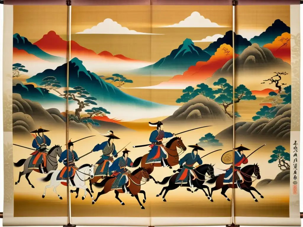 Detallado rollo ilustrado cultura samurái: escenas de batalla, honor y tradición japonesa en colores vivos y finos detalles