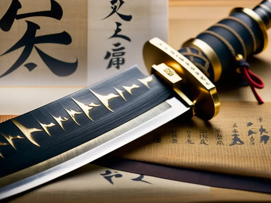 Detalle de antigua espada samurái descansando sobre pergamino con caligrafía japonesa, evocando la filosofía implícita del legado ético ronin