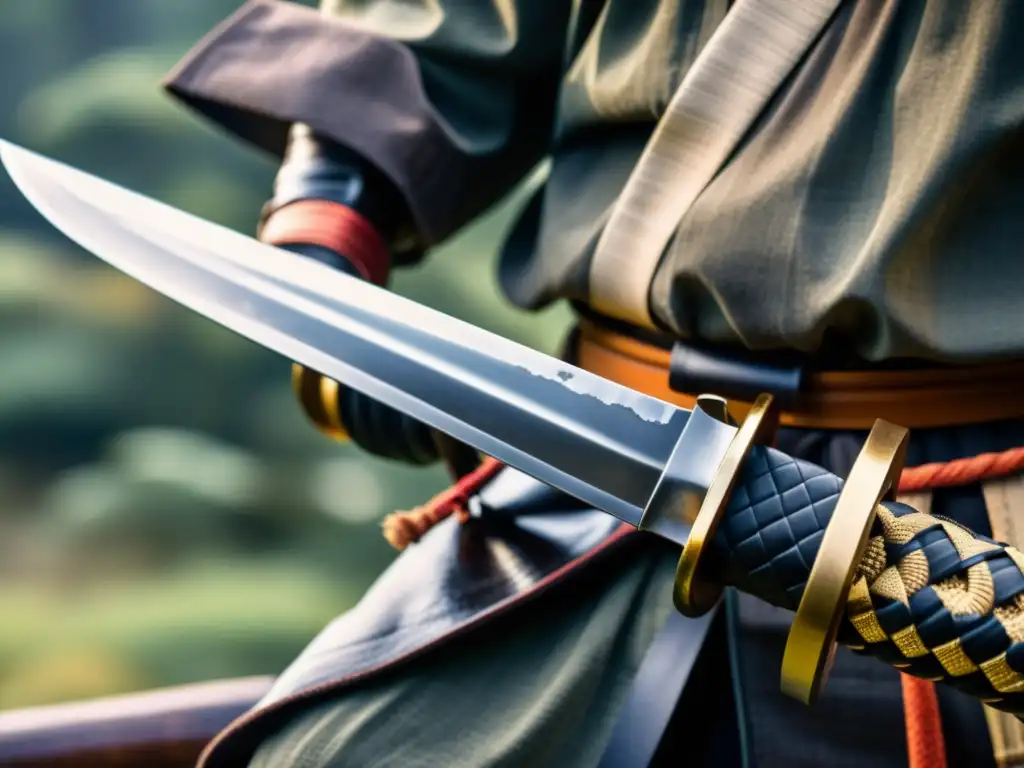 Detalle de una antigua espada samurái con patrón de forja y paisaje japonés al fondo