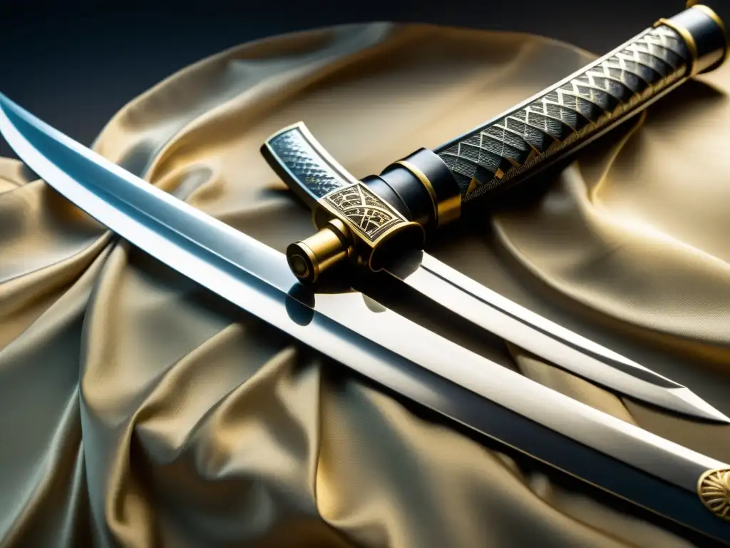 Detalle de una antigua katana, con patrones de acero, empuñadura de seda desgastada y curva sutil, evocando la historia de katanas legendarias