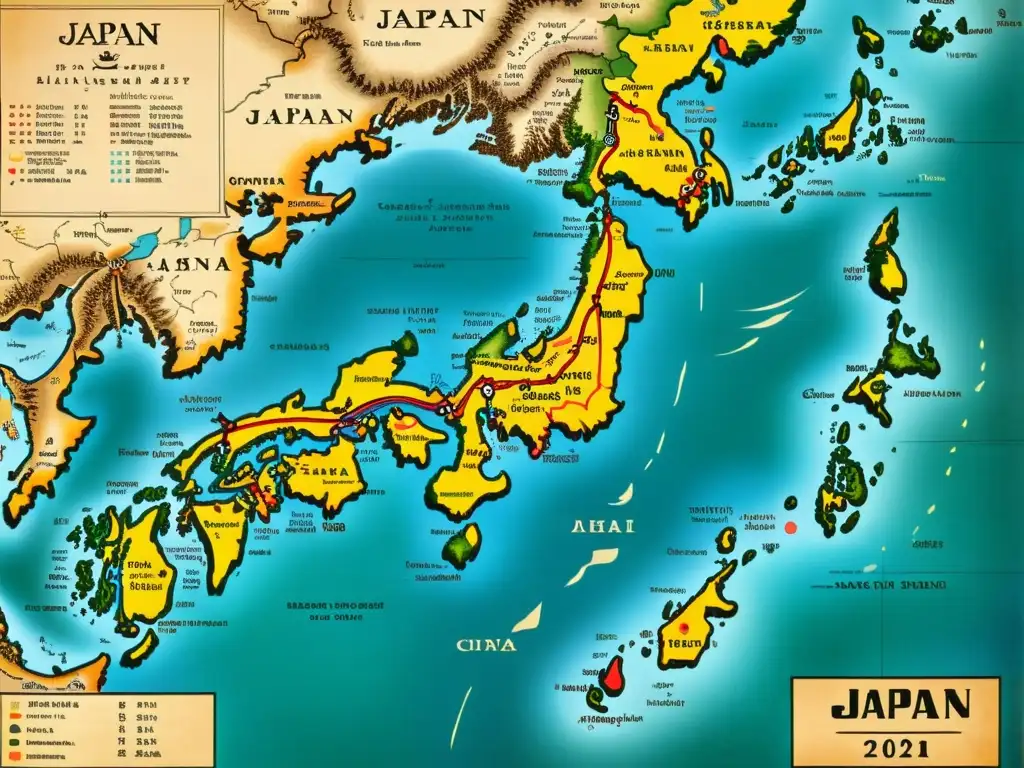 Detalle de antiguo mapa de Japón, con colores vibrantes, comercio en la era samurái y arte tradicional japonés