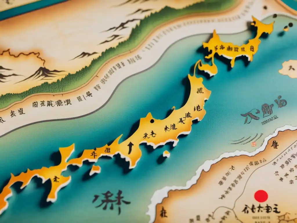 Detalle de antiguo mapa japonés con ilustraciones vibrantes y signos de edad, evocando el comercio en la era samurái