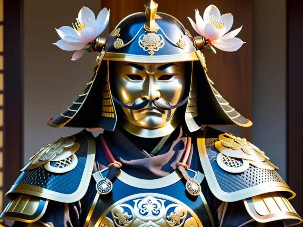 Armadura samurái: detalle artesanal y motivos japoneses Detalle de armadura samurái artística ideal con motivos tradicionales y meticulosa elaboración en metal