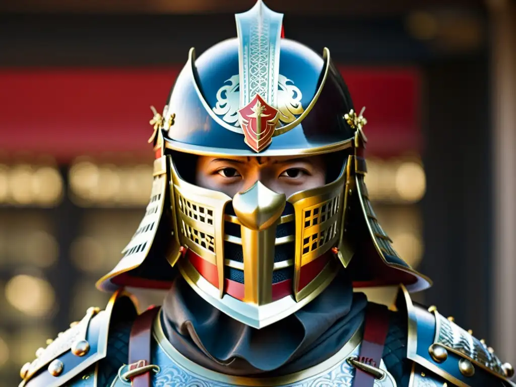 Armadura samurái medieval: fuerza y elegancia en detalle Detalle de armadura samurái con elegantes adornos dorados y rojos
