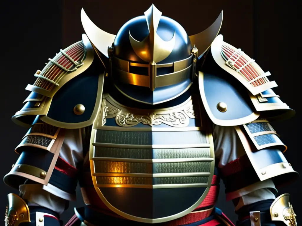 Detalle de la armadura samurai resalta su importancia en la tradición, con fondo dramático