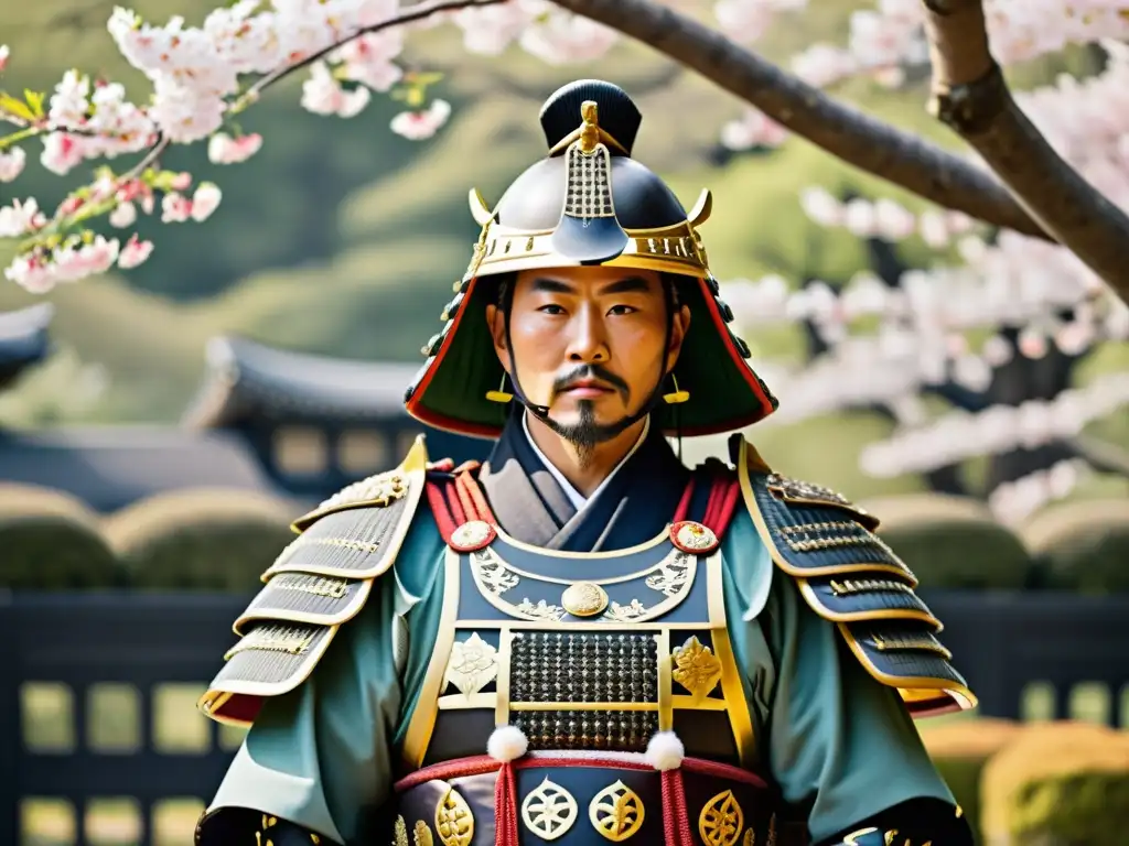 Detalle de armadura samurái con influencia coreana y china en un jardín japonés