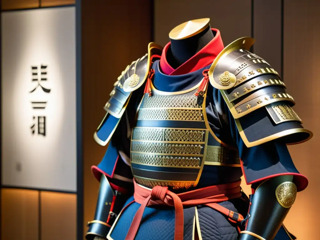 Detalle de armadura samurái con influencia coreana y china, destacando la fusión cultural y la artesanía