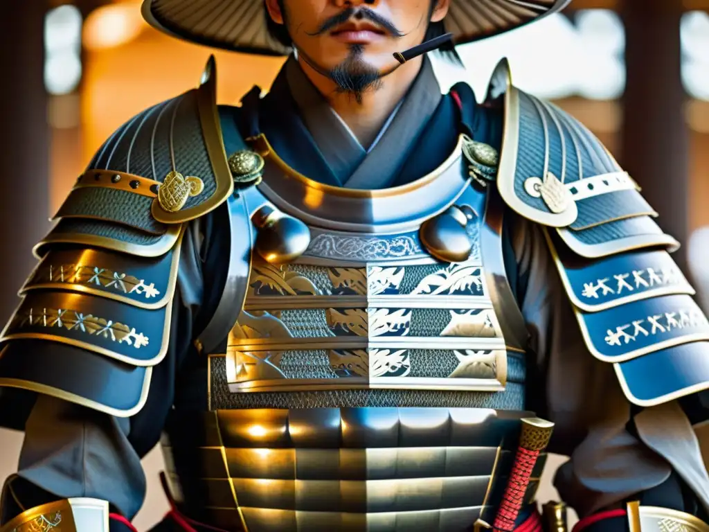 Detalle de armadura samurái, con artesanía y simbología tradicional