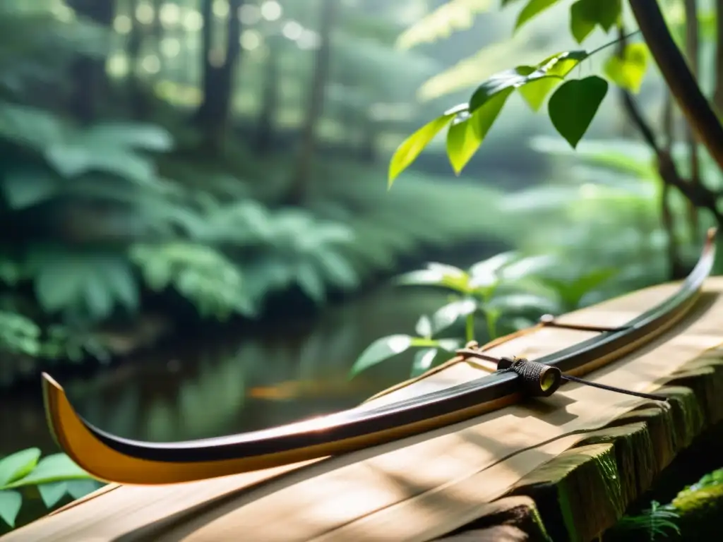 Detalle de una arquería samurái en medio de un exuberante bosque japonés, con conexión a la naturaleza y serenidad