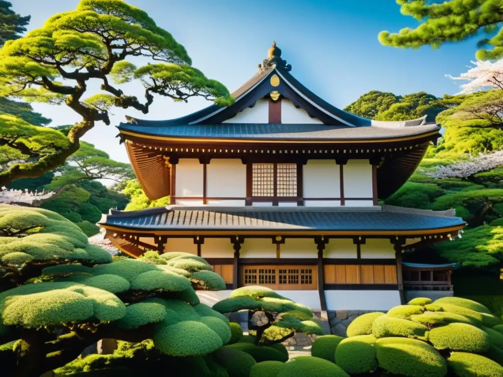 Detalle de la arquitectura de un castillo samurái, evocando honor y tradición japonesa entre jardines exuberantes y cerezos en flor