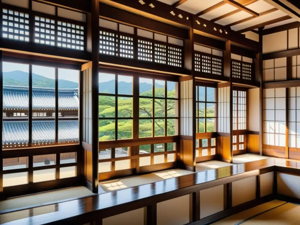 Detalle de la arquitectura del castillo samurái de Himeji, con obras de arte y armaduras tradicionales iluminadas por luz natural