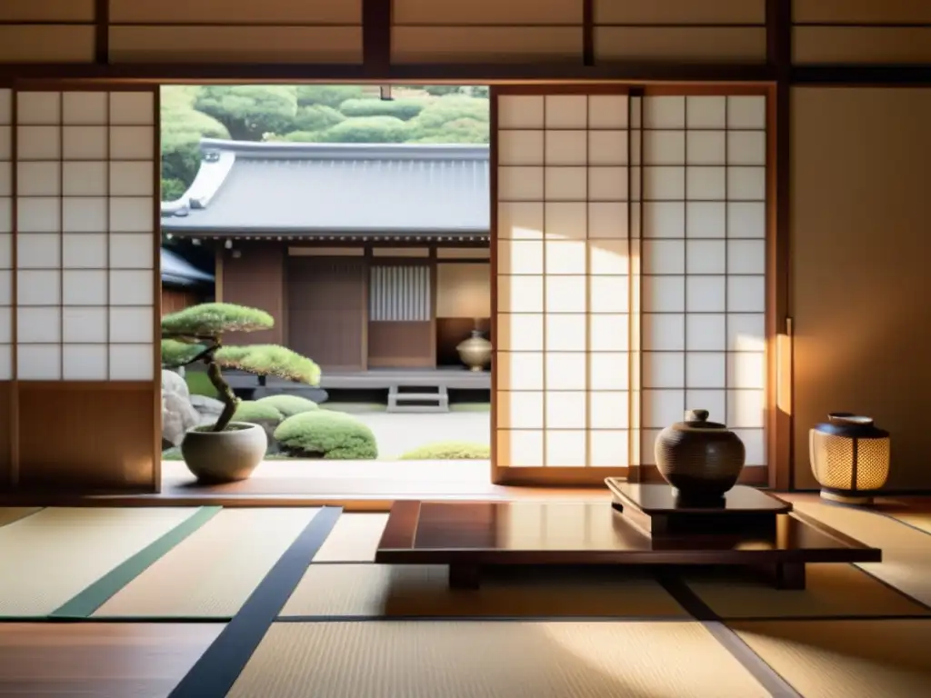 Detalle de la arquitectura del hogar samurai japonés con elegantes elementos de madera y jardín meticulosamente cuidado