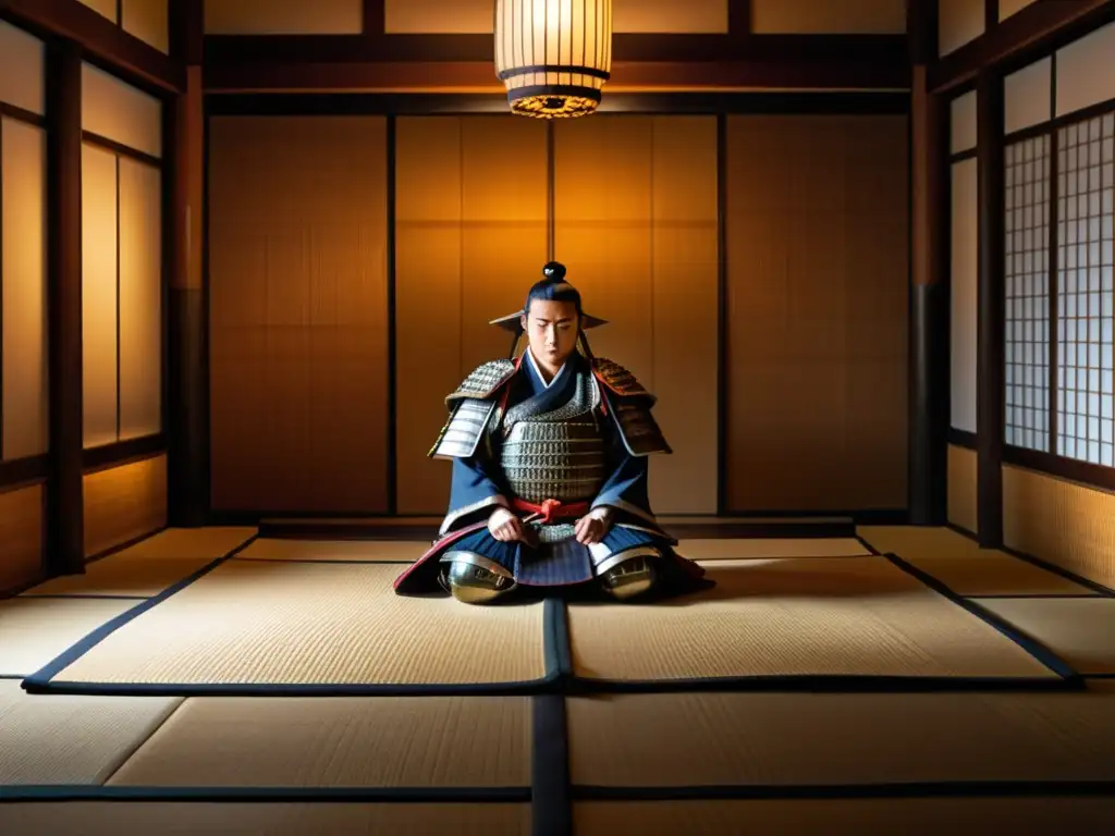 Interior del Castillo Himeji: Arquitectura y Armaduras Samurai Detalle de la arquitectura interior del Castillo de Himeji en Japón, con armadura samurái en un ambiente atmosférico y solemne