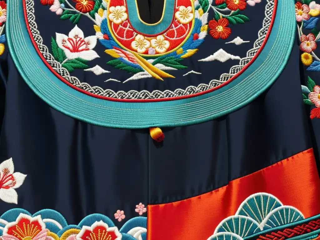 Detalle de arte japonés: un intrincado kimono samurái bordado con motivos tradicionales que simbolizan honor, valentía y lealtad