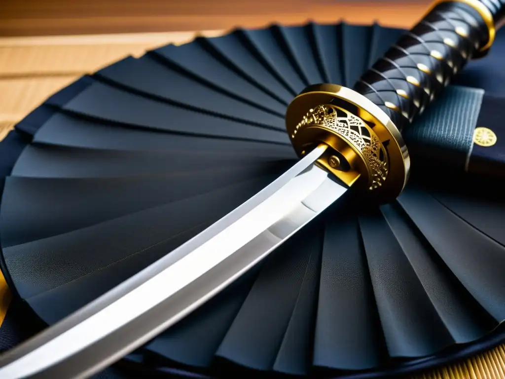 Detalle de una auténtica espada samurai, con patrón de acero, tsukaito y tsuba